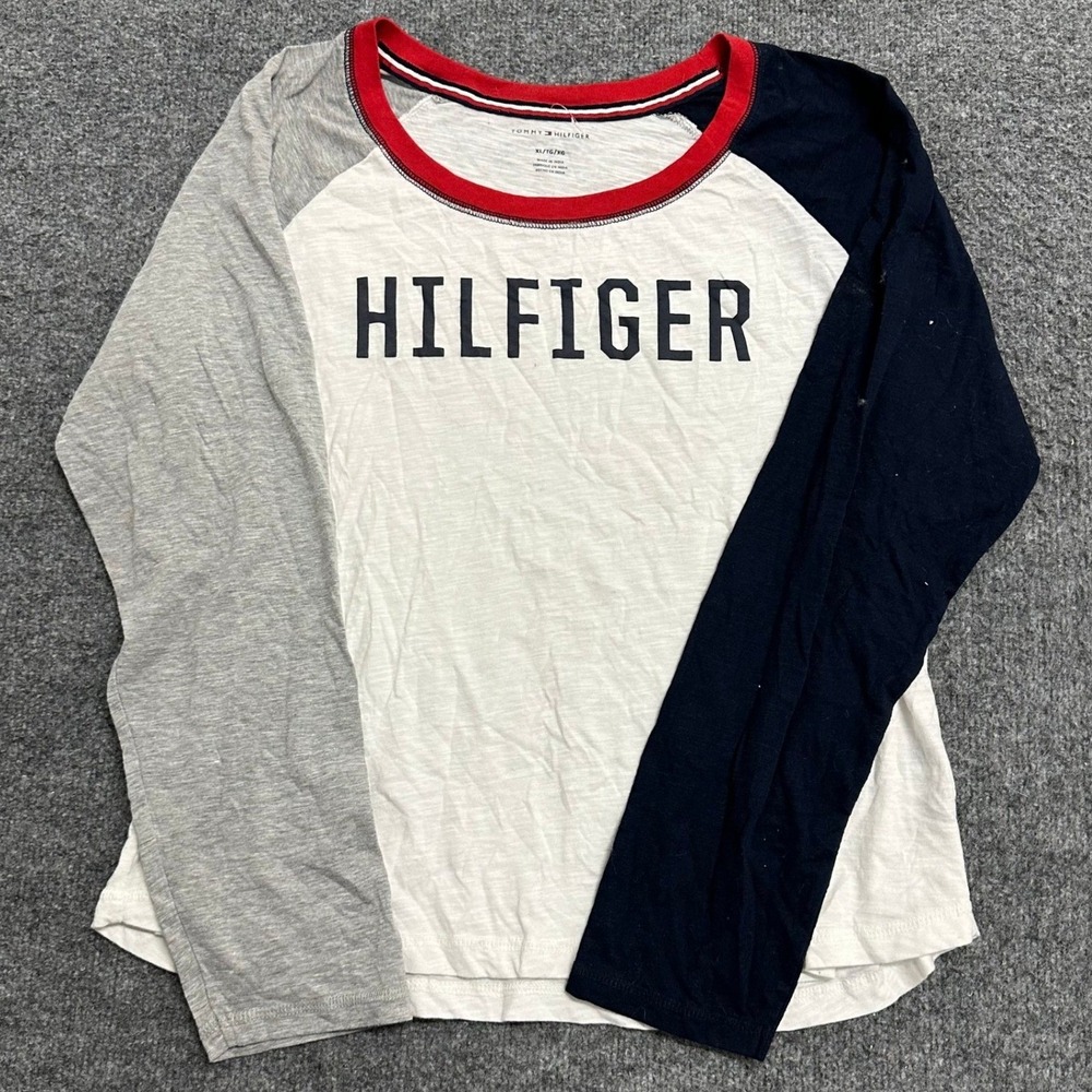 Tommy Hilfiger Long Sleeve Shirt Womens XL White Colorblock Raglan Logo Tee